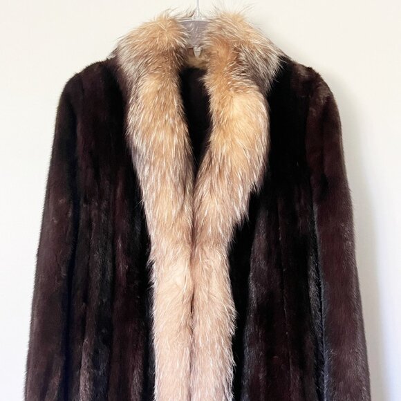Mahogany Mink Fur Coat Size 10 Dyed Fox Tuxedo Long York Furrier Great Condition - Picture 2 of 16